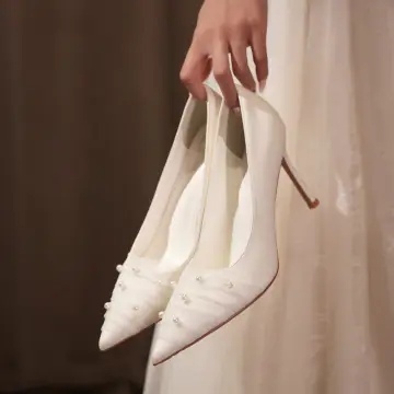 Eleganckie Białe Skórzany Perła Buty Ślubne 2026 8 Cm Szpilki Szpiczaste Ślub Czółenka Wysokie Obcasy