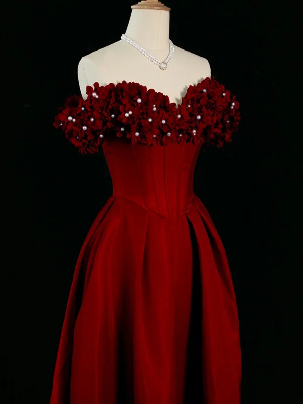 Chic / Beautiful Burgundy Pearl Appliques Prom Dresses 2024 Satin A-Line / Princess Off-The-Shoulder Sleeveless Backless Floor-Length / Long Prom Formal Dresses