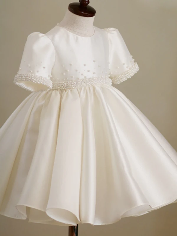 Chic / Beautiful White Pearl Bow Birthday Short Flower Girl Dresses 2023 A-Line / Princess Scoop Neck Short Sleeve