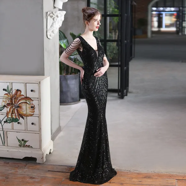 Charming White Beading Sequins Evening Dresses 2023 Trumpet / Mermaid V-Neck Sleeveless Backless Floor-Length / Long Evening Party Formal Dresses