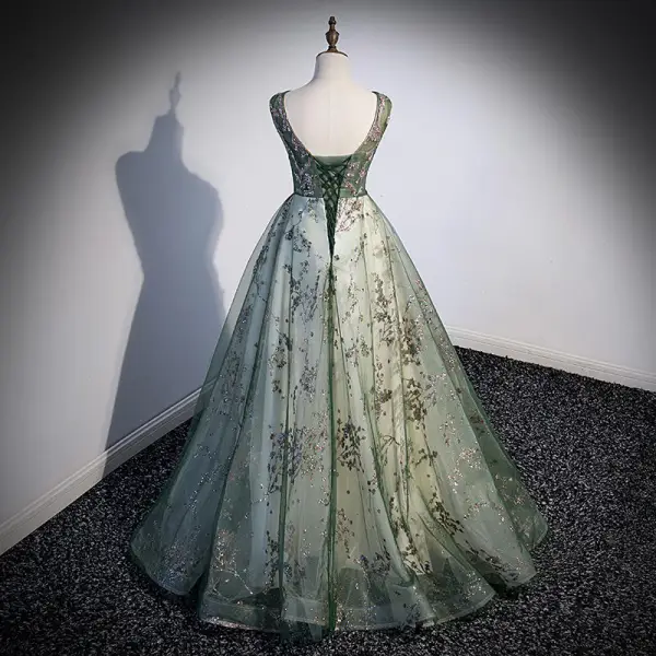 Bling Bling Dark Green Multi-Colors Sequins Prom Dresses 2022 Ball Gown Scoop Neck Sleeveless Backless Floor-Length / Long Prom Formal Dresses