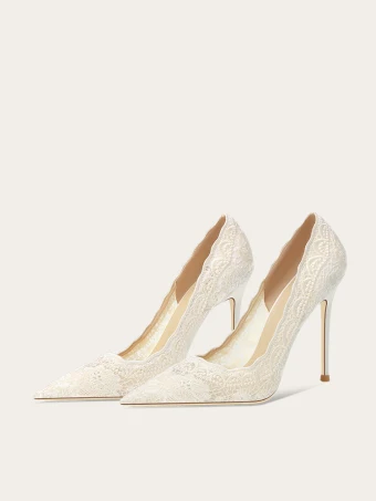 Élégant Ivoire En Dentelle Fleur Cuir Chaussure De Mariée 2023 10 Cm Talons Aiguilles À Bout Pointu Mariage Escarpins Talons Hauts