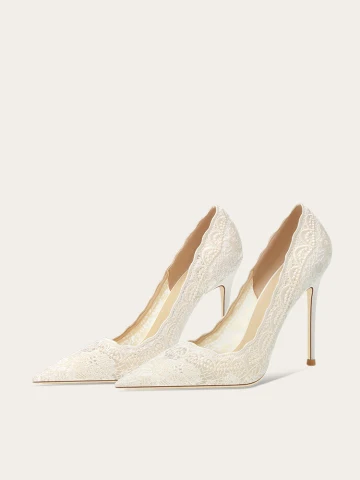 Élégant Ivoire En Dentelle Fleur Cuir Chaussure De Mariée 2023 10 Cm Talons Aiguilles À Bout Pointu Mariage Escarpins Talons Hauts