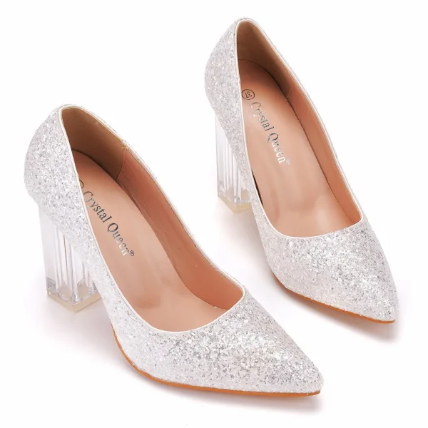 Charmant Argenté Paillettes Cristal Chaussure De Mariée 2022 9 cm Talons Épais À Bout Pointu Mariage Escarpins Talons Hauts