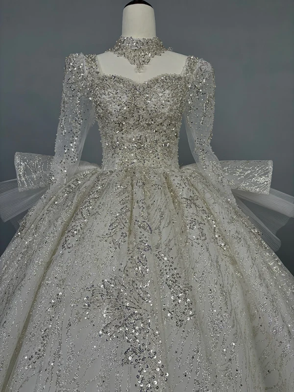 Scintillantes Blanche Perlage Glitter Paillettes Robe De Mariée 2024 Robe Boule Encolure Carrée Manches Longues Dos Nu Longue Mariage