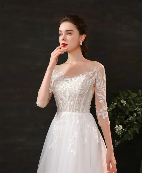 Elegant Leaf Lace Ivory Bridal Wedding Dresses 2021 A-Line / Princess Scoop Neck 3/4 Sleeve Court Train Tulle
