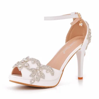 Chic Belle Blanche Faux Diamant Chaussure De Mariée 2023 Bride Cheville 10 Cm Talons Aiguilles Peep Toes Bout Ouvert Mariage Sandales Talons Hauts