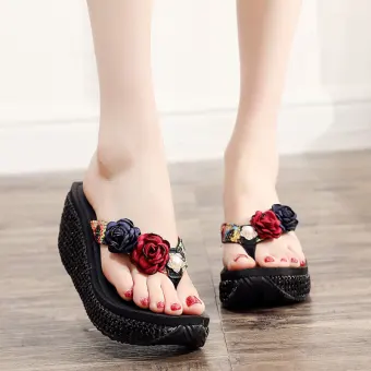 Mode Noire Vêtement De Rue Plage Été Sandales Femme 2023 Appliques 7 Cm Compensées Peep Toes Bout Ouvert Sandales Talons Hauts