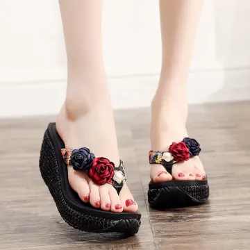 Moda Czarne Zużycie Ulicy Plaża Lato Sandały Damskie 2023 Aplikacje 7 Cm Na Koturnie Peep Toe Sandały Wysokie Obcasy
