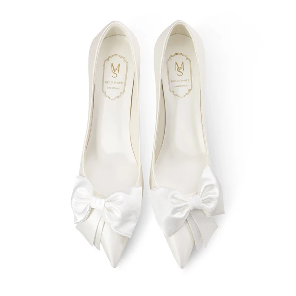 Elegant White Leather Bow Wedding Shoes 2023 Wedding 5 cm Stiletto Heels Pointed Toe Wedding Shoes High Heels