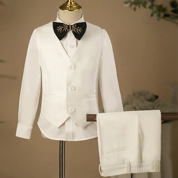 Weiß Handgefertigt Perlenstickerei Satin Lange Ärmel 5 Stück Anzüge Jungs 2025 Hochzeit Mantel Hose Hemd Krawatte Weste