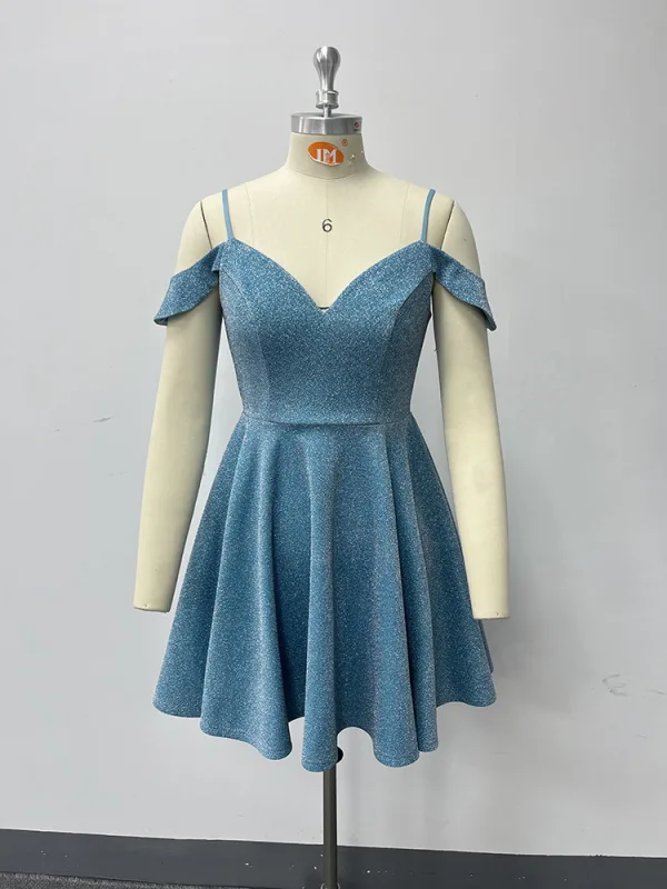 Chic / Belle Bleu Ciel Glitter Courte de retour Robe De Graduation 2024 Princesse Bretelles Spaghetti Sans Manches Dos Nu Robe De Ceremonie