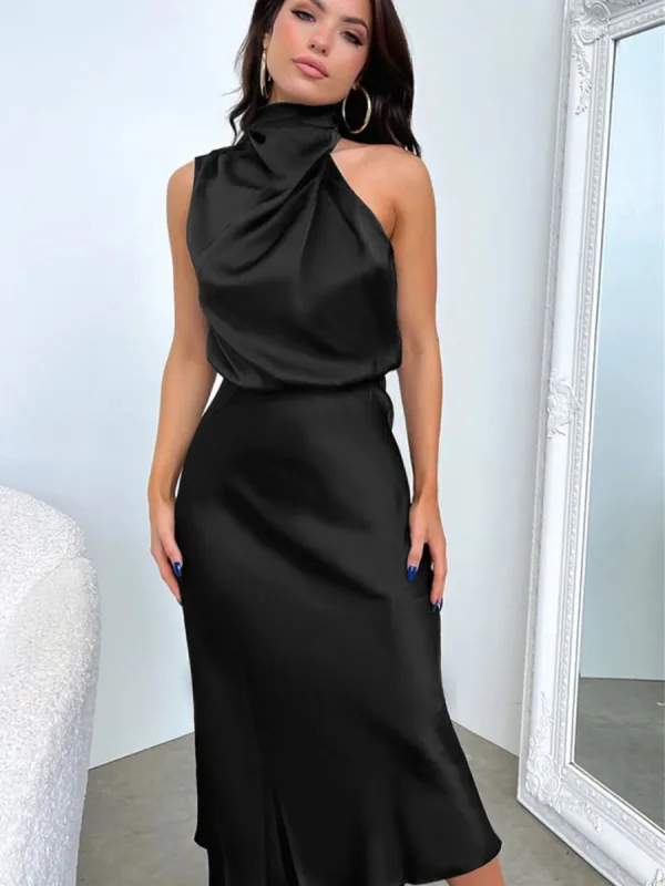 Fashion Beige Street Wear Holiday Women Dresses 2023 High Neck Tea-length Womens Clothing