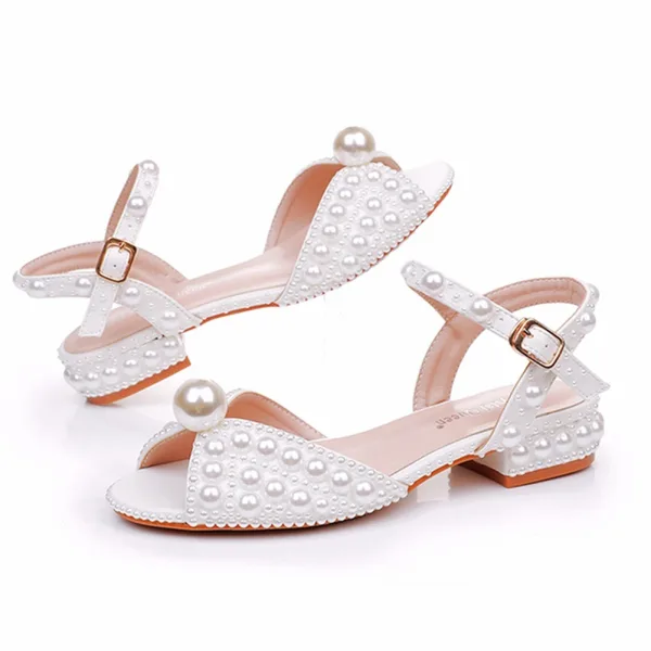Élégant Blanche Perle Plate Chaussure De Mariée 2025 Peep Toes / Bout Ouvert Mariage Sandales