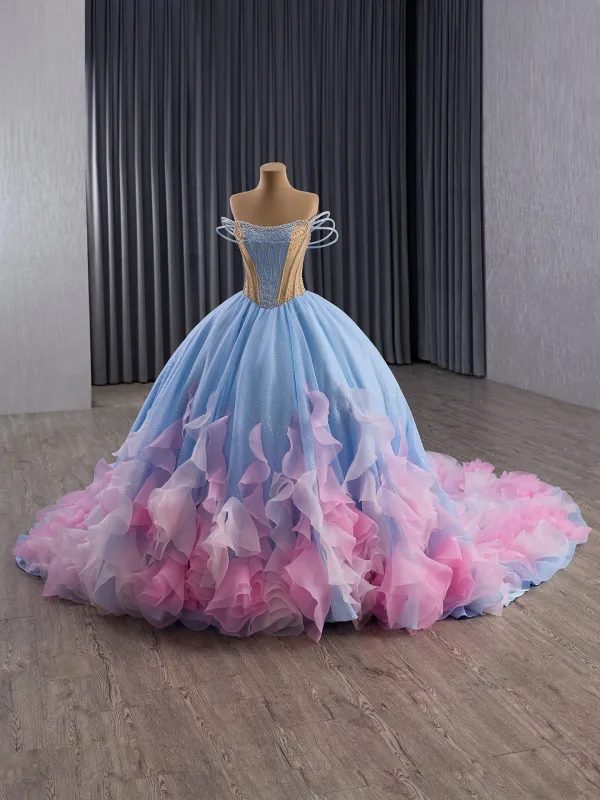 High-end Fashion Sky Blue Cascading Ruffles Sequins Rhinestone Prom Dresses 2025 Ball Gown Strapless Sleeveless Backless Court Train Formal Dresses