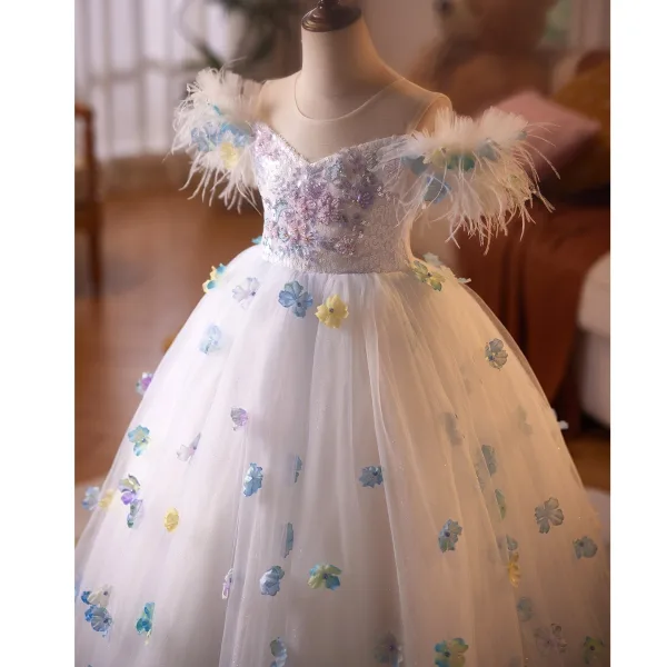 Lovely White Beading Appliques Tassel Birthday Flower Girl Dresses 2025 Ball Gown Scoop Neck Short Sleeve Backless Floor-Length / Long