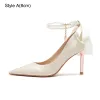 Elegant Ivory Pearl Bow Ankle Strap Wedding Shoes 2023 Satin 8 cm Stiletto Heels Pointed Toe Wedding Pumps High Heels