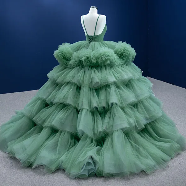 Haut de Gamme Vert Cendré Volants en Cascade Volants Robe De Bal 2022 Robe Boule Bretelles Spaghetti Sans Manches Dos Nu Longue Robe De Ceremonie