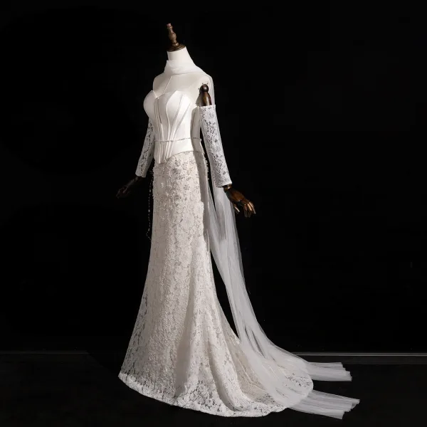 Vintage / Retro Ivory Pearl Lace Flower Corset Wedding Dresses 2026 Trumpet / Mermaid Off-The-Shoulder 3/4 Sleeve Backless Floor-Length / Long Wedding