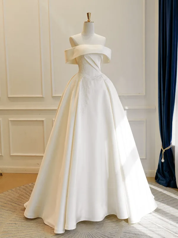 Vintage Weiß Spitze Blumen Satin Brautkleider / Hochzeitskleider 2026 Ballkleid Off Shoulder Kurze Ärmel Rückenfreies Lange