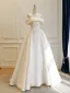 Vintage Weiß Spitze Blumen Satin Brautkleider / Hochzeitskleider 2026 Ballkleid Off Shoulder Kurze Ärmel Rückenfreies Lange