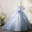 Chic / Beautiful Sky Blue Beading Sequins Lace Flower Birthday Flower Girl Dresses 2022 Ball Gown Scoop Neck Puffy Short Sleeve Backless Floor-Length / Long Bow Flower Girl Dresses