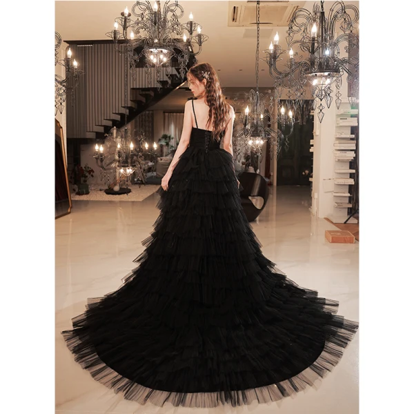 Sexy Black Cascading Ruffles Asymmetrical Cocktail Dresses Prom Dresses 2022 A-Line / Princess Spaghetti Straps Sleeveless Backless Formal Dresses
