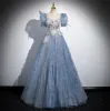 Chic / Beautiful Sky Blue Glitter Appliques Prom Dresses 2024 A-Line / Princess Square Neckline Puffy Short Sleeve Backless Floor-Length / Long Formal Dresses