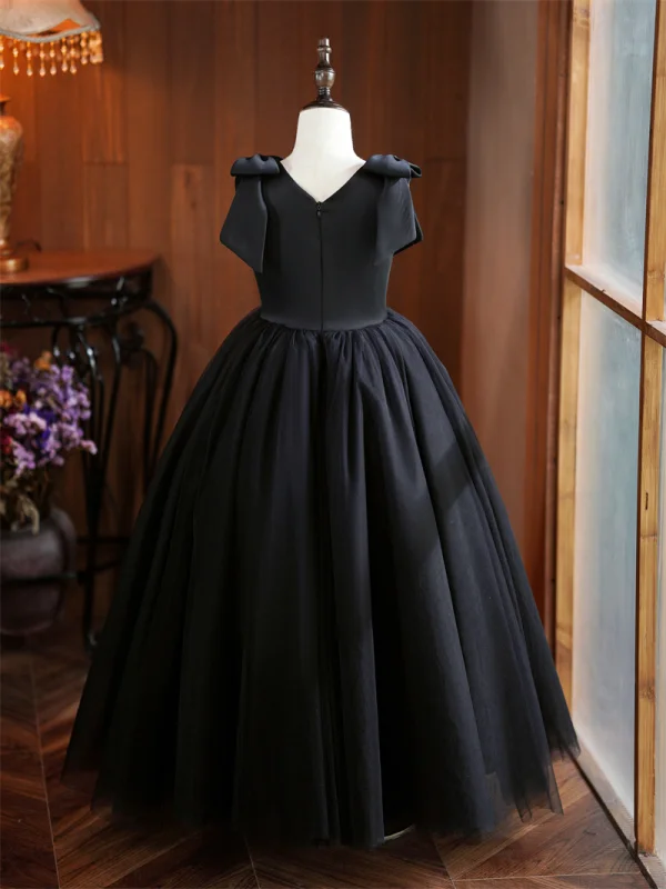 Chic / Beautiful Black Birthday Flower Girl Dresses 2024 Ball Gown V-Neck Sleeveless Backless Floor-Length / Long