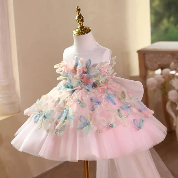 Flower Fairy Blushing Pink Beading Appliques Sequins Birthday Short Flower Girl Dresses 2025 Ball Gown Scoop Neck Sleeveless Backless Tulle