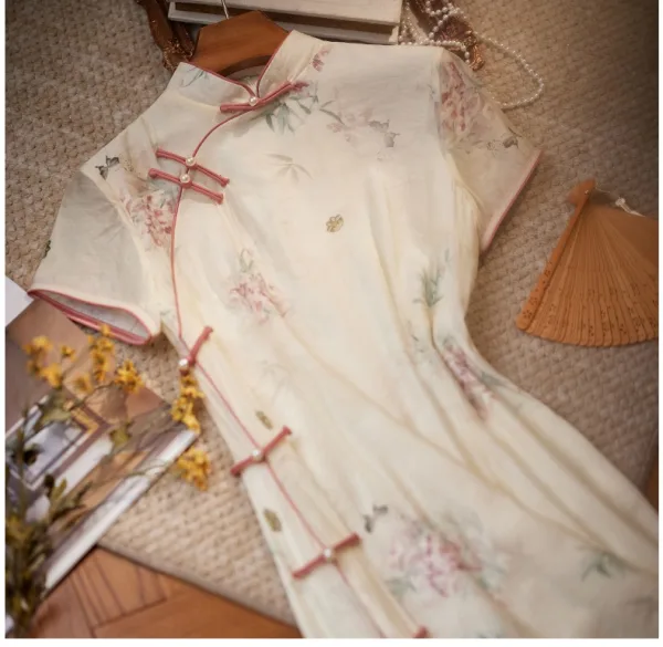 Chinese style Beige Printing Floor-Length / Long Cheongsam 2024 Trumpet / Mermaid High Neck Short Sleeve