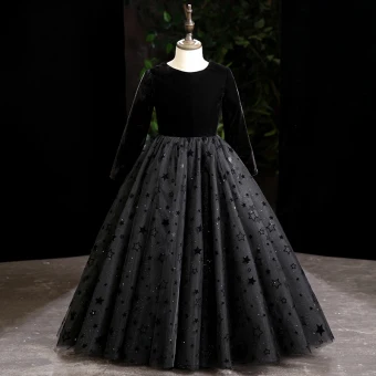 Chic Beautiful Black Birthday Flower Girl Dresses 2022 Ball Gown Scoop Neck Suede Star Sequins Long Sleeve Floor Length Long Flower Girl Dresses