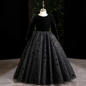 Schöne Schwarz Geburtstag Blumenmädchenkleider 2022 Ballkleid Rundhalsausschnitt Wildleder Star Pailletten Lange Ärmel Lange Blumenmädchenkleider