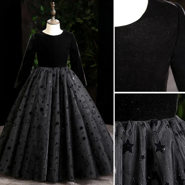 Fashion Black Star Prom Flower Girl Dresses 2022 Scoop Neck Ball Gown Long Sleeve Floor-Length / Long Flower Girl Dresses