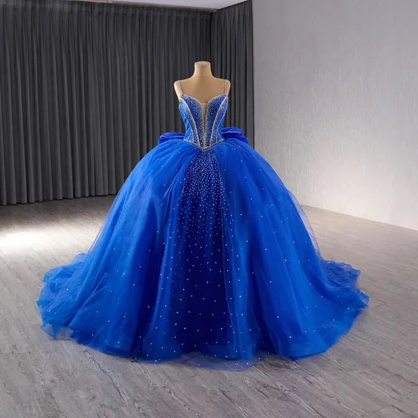 High-end Royal Blue Rhinestone Ball Gown Prom Dresses 2024 Spaghetti Straps  Sleeveless Backless Bow Court Train Prom Formal Dresses