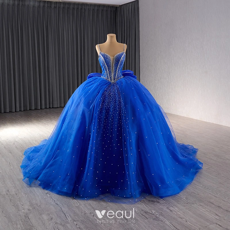 royal blue prom dress with rhinestones Gorgeous Royal Blue Beading Rhinestone Ball Gown Backless Formal Eveni –  AlineBridal