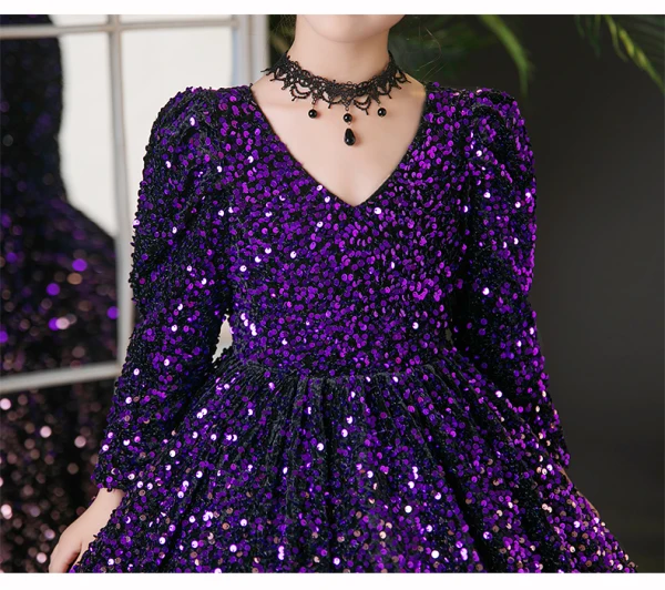 Sparkly Purple Sequins Birthday Flower Girl Dresses 2024 Ball Gown V-Neck Long Sleeve Floor-Length / Long