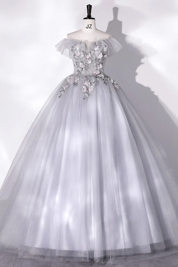 Chic / Beautiful Grey Beading Appliques Prom Dresses 2022 Ball Gown Off-The-Shoulder Short Sleeve Backless Floor-Length / Long Prom Formal Dresses