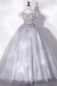 Chic / Beautiful Grey Beading Appliques Prom Dresses 2022 Ball Gown Off-The-Shoulder Short Sleeve Backless Floor-Length / Long Prom Formal Dresses