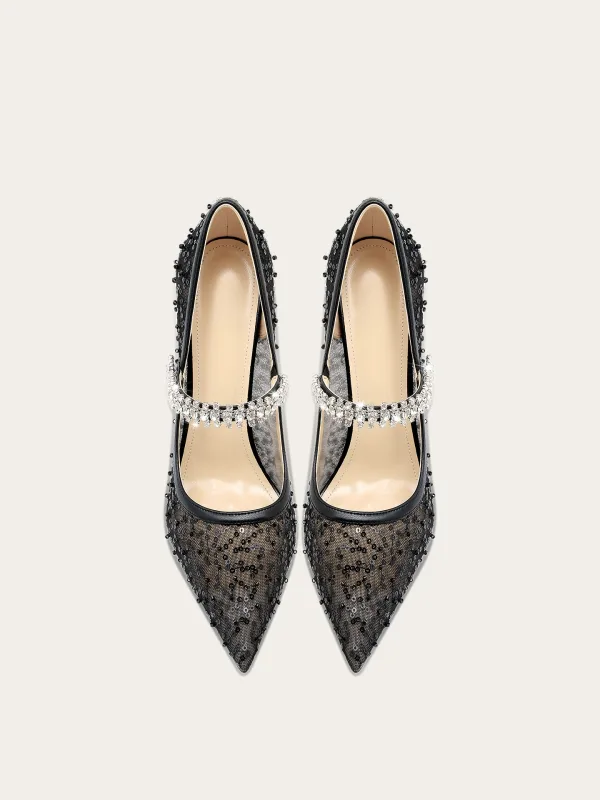 Chic / Beautiful Black Rhinestone Sequins Evening Party Pumps 2025 Tulle 10 cm Stiletto Heels Pointed Toe Pumps