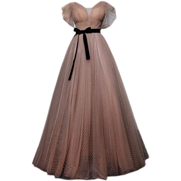 Chic / Beautiful Tan Spotted Prom Dresses 2022 A-Line / Princess Off-The-Shoulder Short Sleeve Backless Sash Bow Floor-Length / Long Formal Dresses