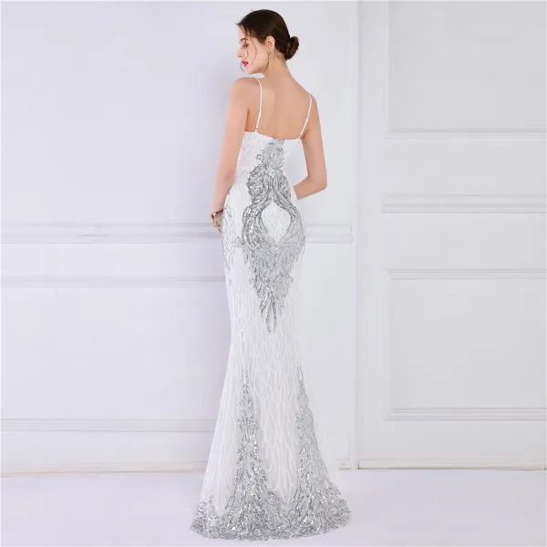 Charmant Doré Paillettes Robe De Soirée 2022 Trompette / Sirène Bretelles Spaghetti Sans Manches Dos Nu Longue Soirée Robe De Ceremonie
