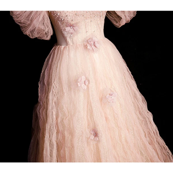 Chic / Belle Rougissant Rose Appliques Paillettes Robe De Bal 2023 Princesse De l'épaule Perle Faux Diamant Manches Courtes Dos Nu Longue Robe De Ceremonie
