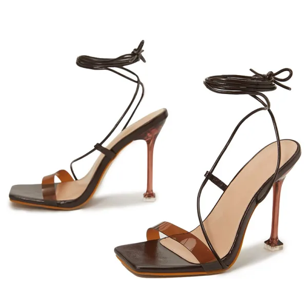 Sexy Brown Cocktail Party Womens Sandals 2022 Ankle Strap 11 cm Stiletto Heels Open / Peep Toe Sandals High Heels