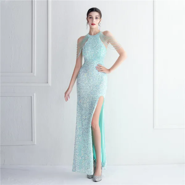 Sexy Doré Perlage Paillettes Fendue devant Robe De Soirée 2024 Trompette / Sirène Encolure Dégagée Sans Manches Dos Nu Longue Soirée Robe De Ceremonie