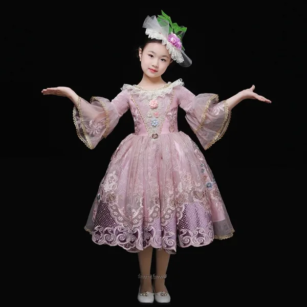 Vintage / Retro Medieval Blushing Pink Flower Girl Dresses 2024 3D Lace Printing Floral 1/2 Sleeves Scoop Neck Tea-length Cosplay Wedding Prom Ball Gown Wedding Party Dresses
