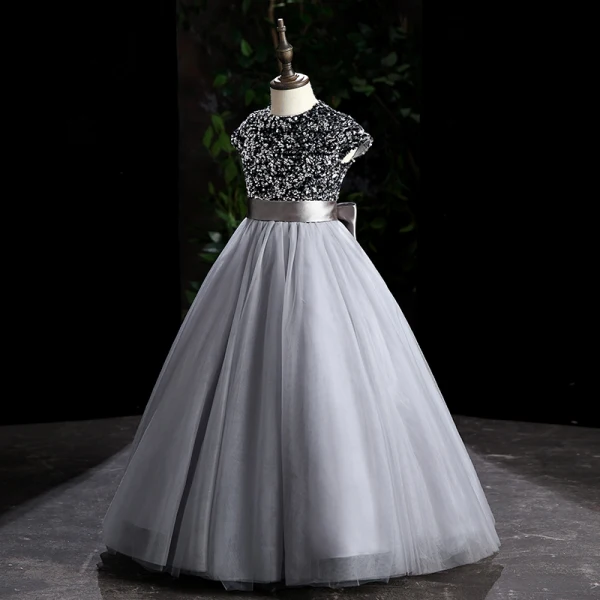 Chic / Beautiful Grey Sequins Prom Flower Girl Dresses 2022 Ball Gown Scoop Neck Sleeveless Sash Bow Floor-Length / Long Flower Girl Dresses
