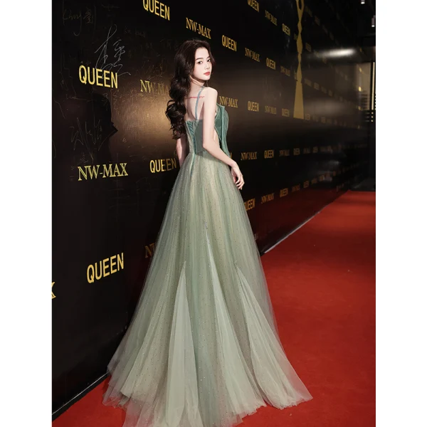 Fashion Sage Green Sequins Prom Dresses 2022 A-Line / Princess Spaghetti Straps Bow Rhinestone Sleeveless Backless Floor-Length / Long Prom Formal Dresses