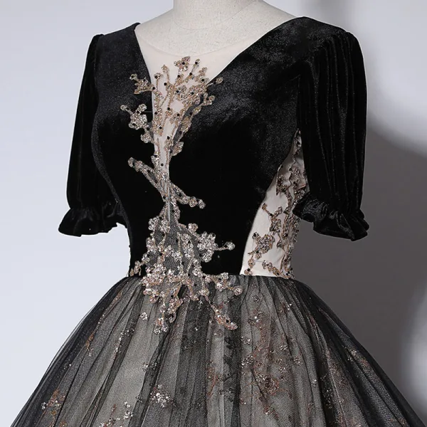 Elegant Black Suede Prom Dresses 2022 Ball Gown Scoop Neck Bell sleeves Backless Beading Sequins Floor-Length / Long Formal Dresses