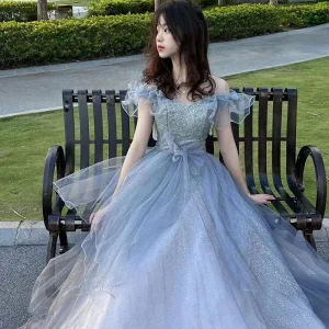 Brillante Encantador Azul Cielo Lentejuelas Vestidos De Noche 2023 A Line Princess Fuera Del Hombro Bowknot Manga Corta Sin Espalda Largos Noche Vestidos Formales